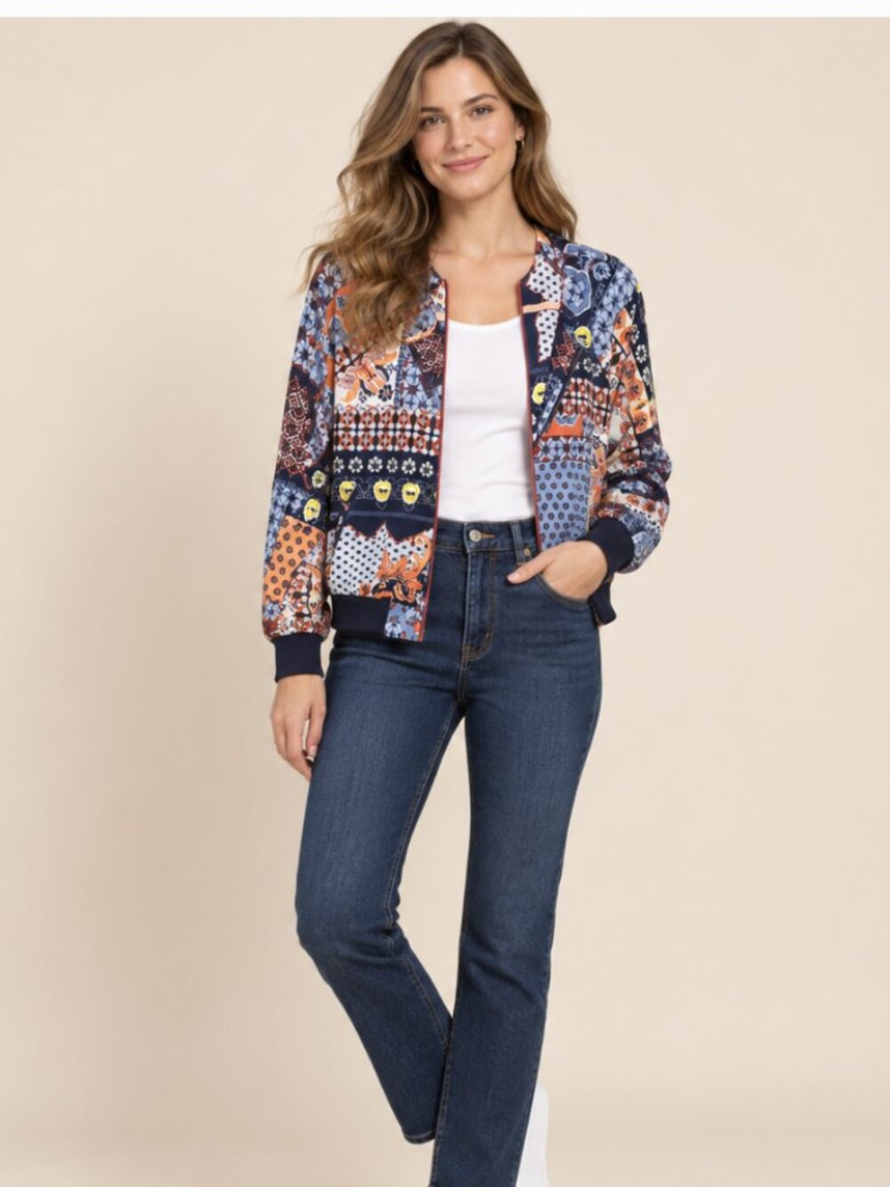 New York & Company Patchwork Print Light Bomber Jacket Small